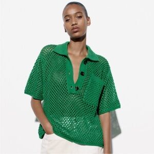Zara | Green Mesh Knit Crochet Polo Shirt